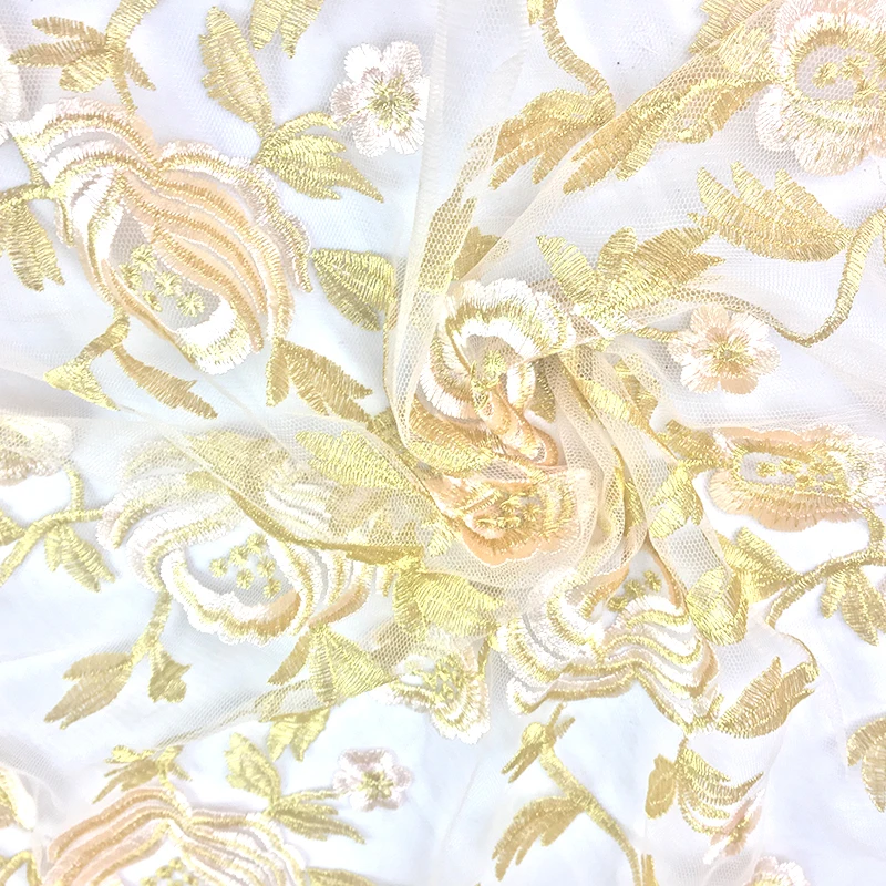 

one meter Quality gauze fabric Golden Rose embroidery fabric High grade dress wedding dress DIY tissus