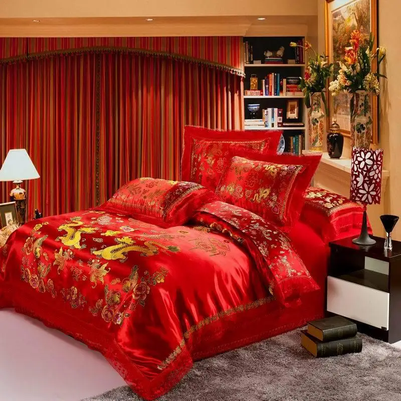 

20 Red satin Dragon and phoenix chinese Wedding Bedding set print Modern suits Jacquard Bedclothes queen/king size