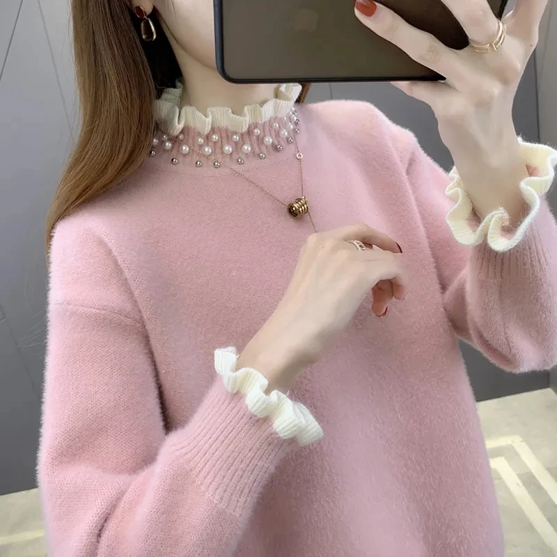 

Woman Sweaters 2022 Autumn Winter New Knit Pullover Short Loose Half Turtleneck Jumper Femme Full Beading Knitwear Women Tops