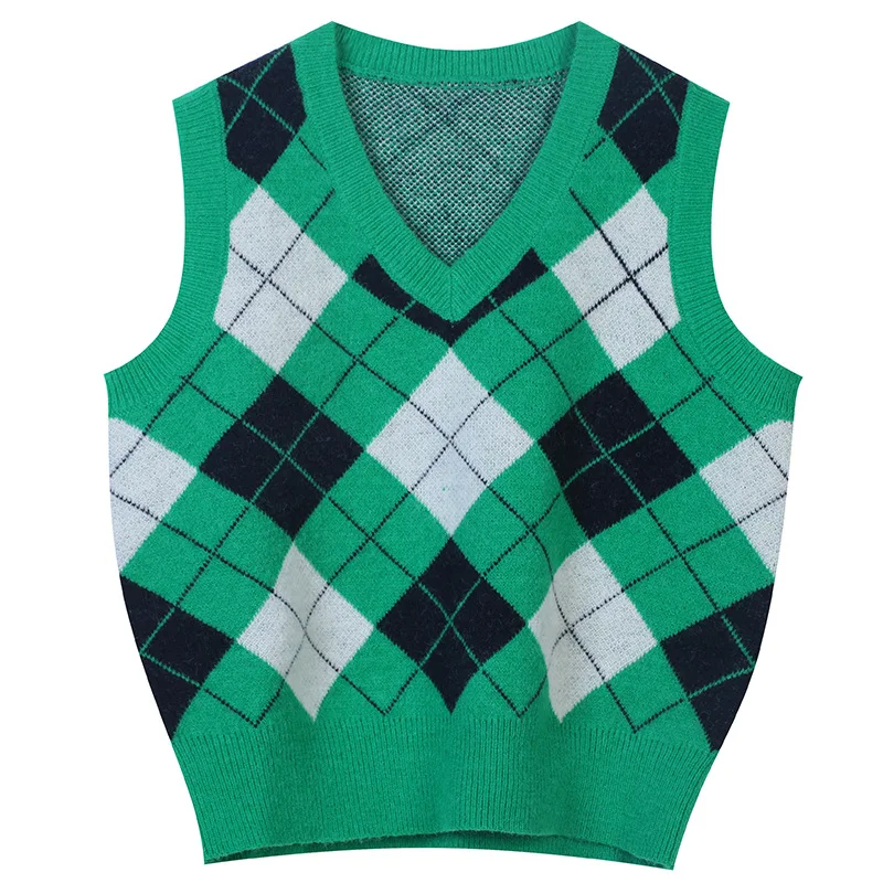 

Korean Version 2021 Autumn Winter New Contrast Vest Rhombic Checkered Jacquard College Style Slim Fit V-Neck Pullover Female