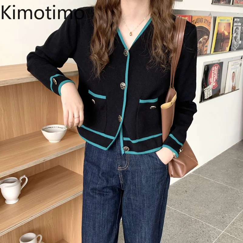 

Kimotimo Vintage Cardigan Women Fall Fashion V-neck Long Sleeve Knit Cardigans Korean Temperament Color Contrast Cropped Sweater