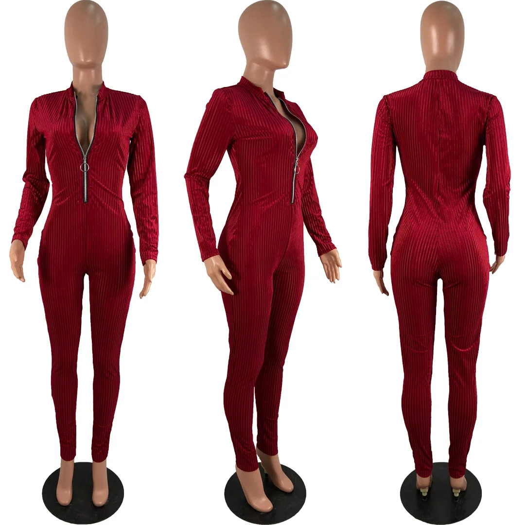 

fnoce 2020 Autumn and Winter Women's Fashion Solid Color Nightclub Sexy Long-Sleeved deep V-ncek High elasticity Tight Jumpsuit