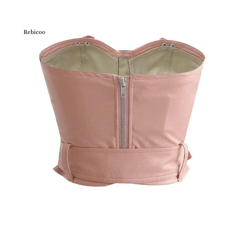 

Women Sexy V-neck black faux leather Tanks With Belt Zipper Strapless Backless Camisole Short Tops