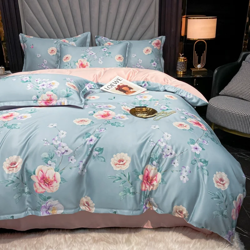 Nordic Cyan Floral Leaf Bedding Sets Silky Egyptian Cotton Duvet Cover Bedsheet Pillowcases 4PCS Comforter Case Bed Cover Sets