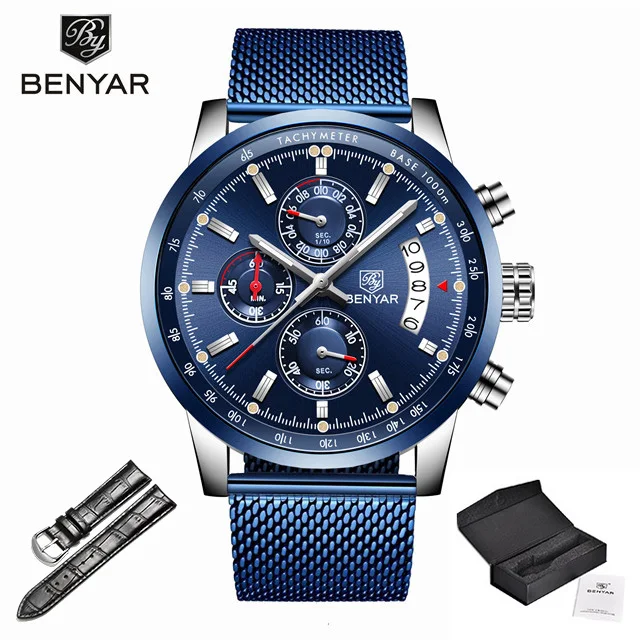 S-blue box Мужские часы BENYAR, новинка, топ класса люкс, бренд, Бизнес Стиль, дата, мужские часы, сетка, нержавеющая сталь, кварцевые часы с хронографом, zegarek meski - Цвет: S-blue box