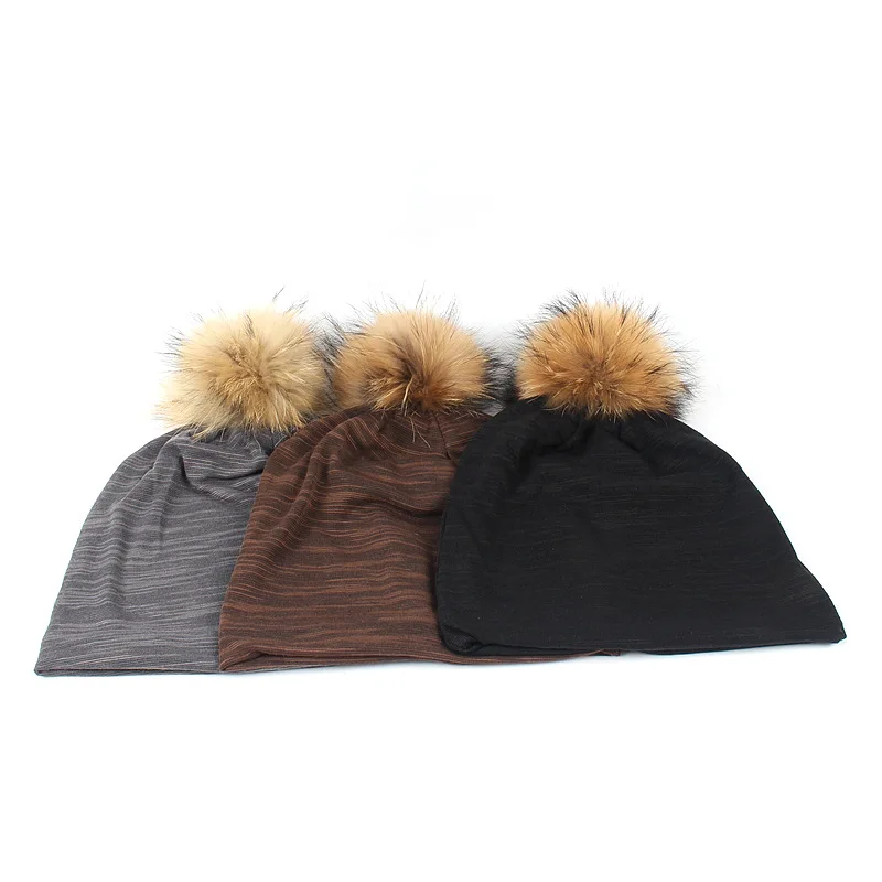 

Women's Beanie Hat Autumn Raccoon Fur Pompom Slouchy Cotton Beanies for Femme Winter Skullies&Beanies with Real Pompom Balls