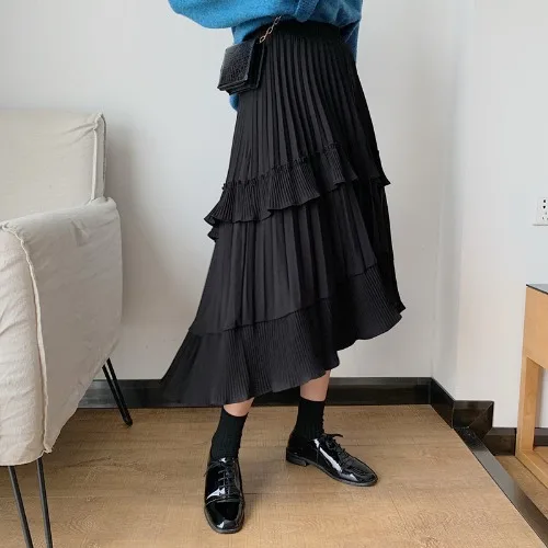 

Women's Clothing sweet High waist ruffles Summer and autumn long skirts Korean style black fashion brand skirt temperament new