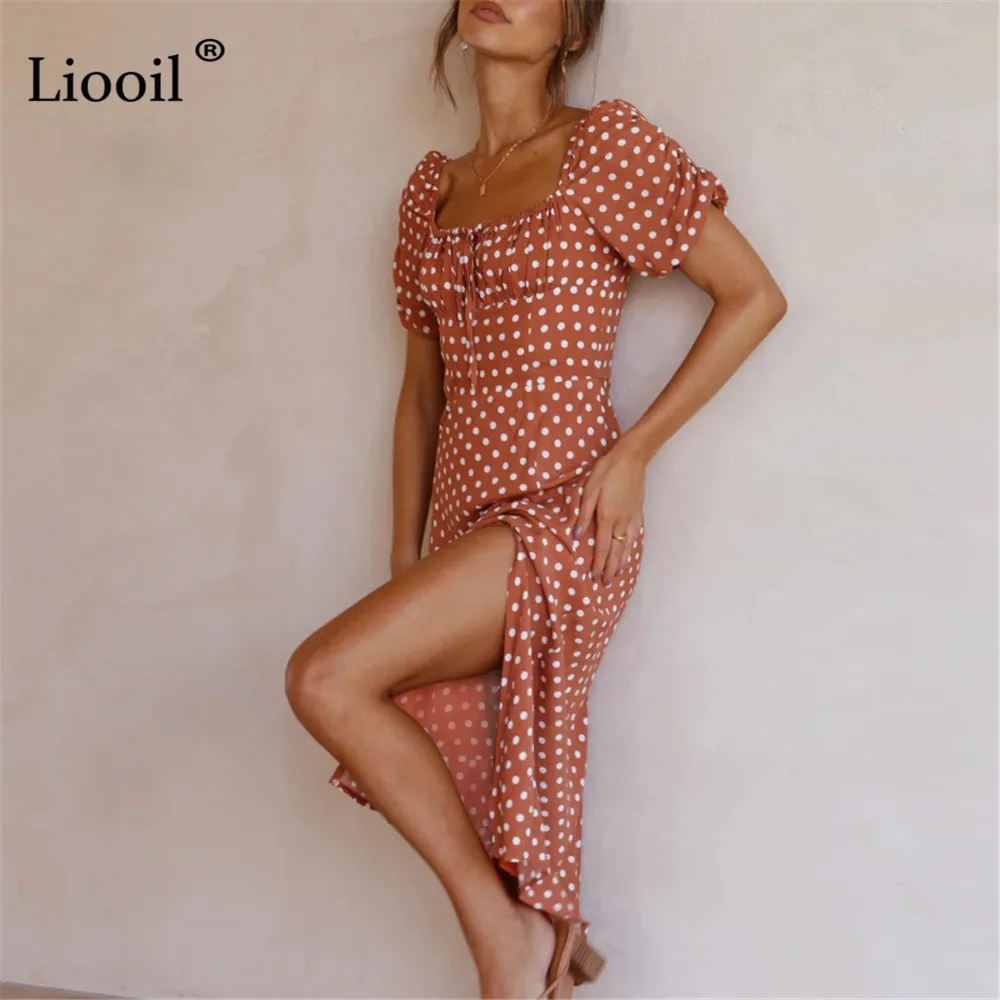

Liooil костюм в горошек с открытой спиной, платье миди с разрезом с квадратным вырезом повязки с короткими рукавами платье для девочек на День ...