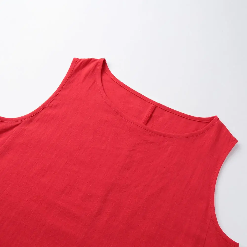 Платье женское длинное из хлопка и льна без рукавов с круглым вырезом|Женские