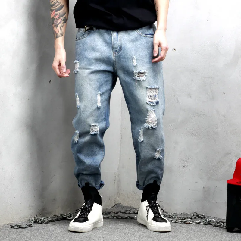 Hole jeans men 2019 spring tide brand Japanese large size male hairy light blue straight nine pants more M-5XL | Мужская одежда