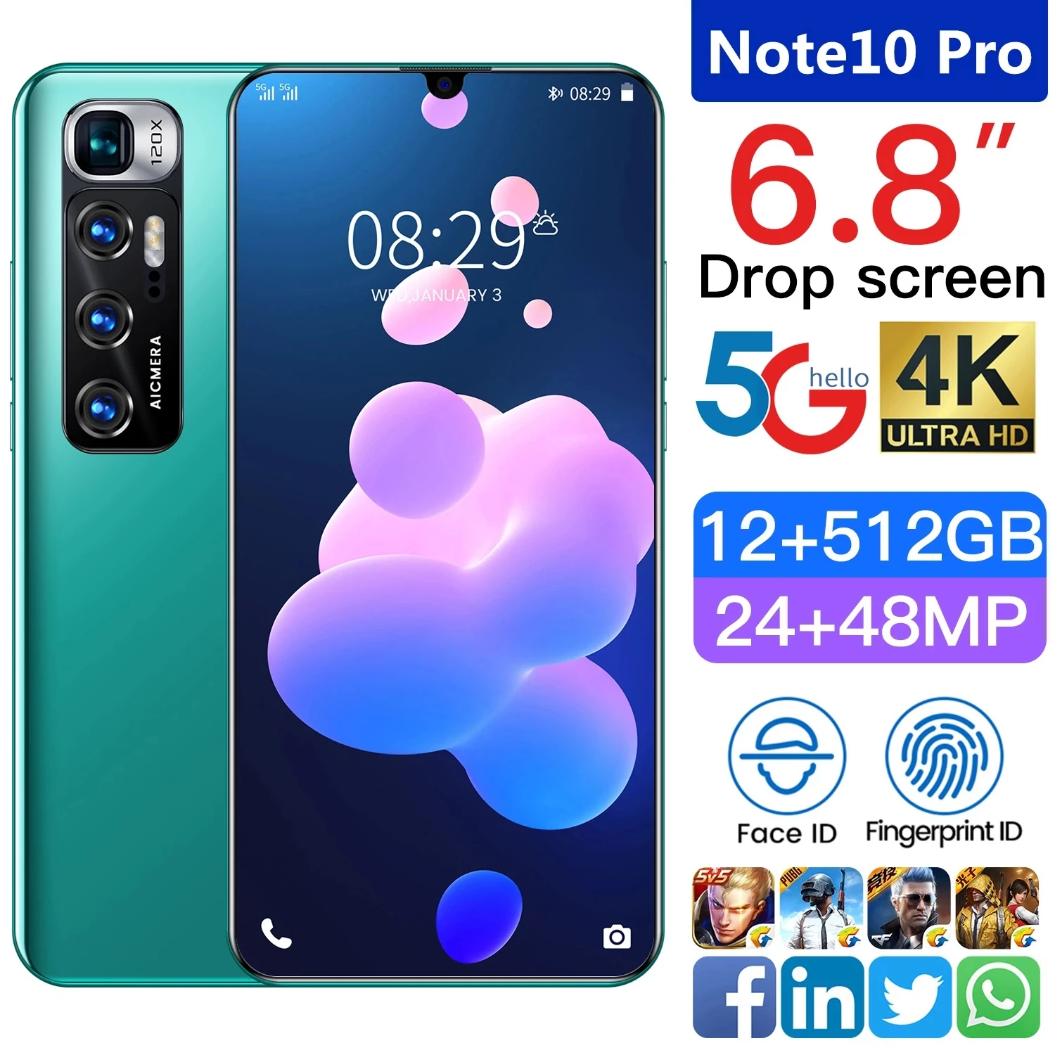 Смартфон глобальная версия Note10 Pro 6 8 дюйма 5000 мАч 12 + 512 ГБ 10 ядер полный экран