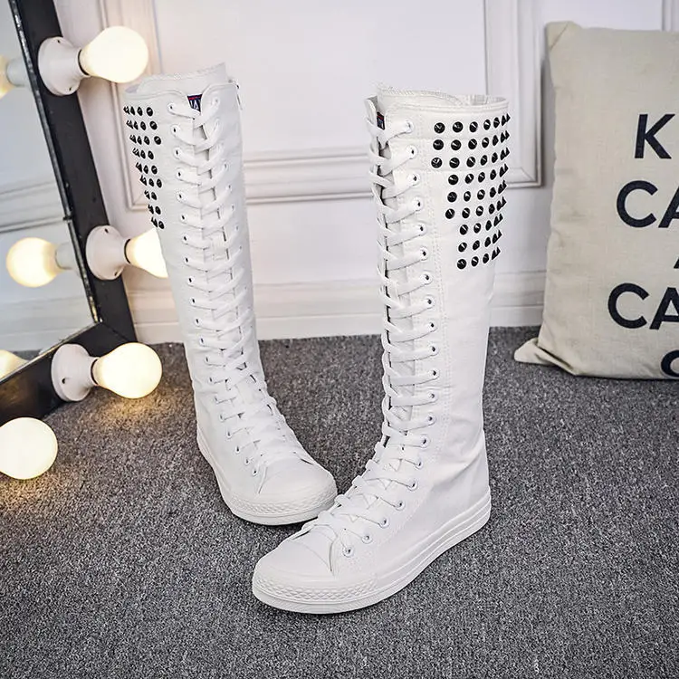 

2021 new spring and autumn wild dancing canvas shoes flat super high students white collar women boots