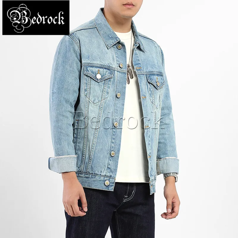 

MBBCAR 14OZ light blue washed Raw Denim Jacket cat beard white washed denim jacket men's retro straight denim jacket MBBCAR3063