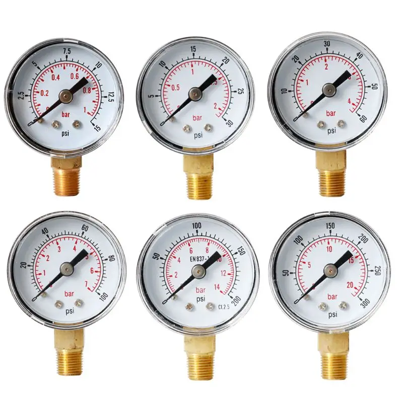 

40mm Face Pressure Gauge 1/8" BSPT Bottom Mount 15,30,60.100,160 200, 300 PSI & Bar for Air Gas Water Fuel Liquid