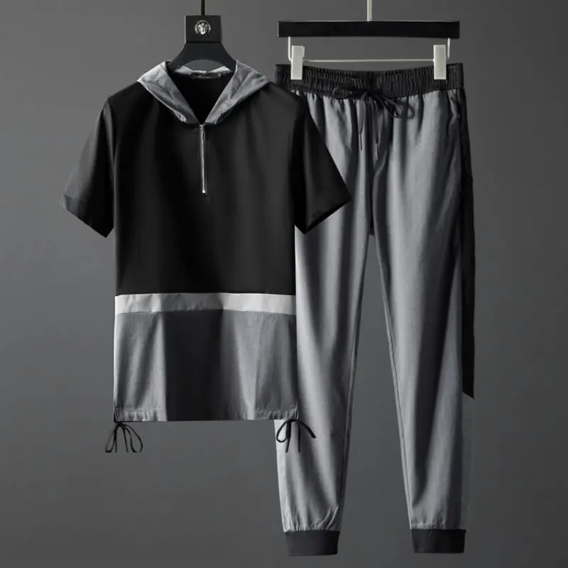 

Ice Silk Summer Trendy Casual Contrast Color Stitching Hoodie Short Sleeve T-shirt Trousers Men 's Two - Piece Suit