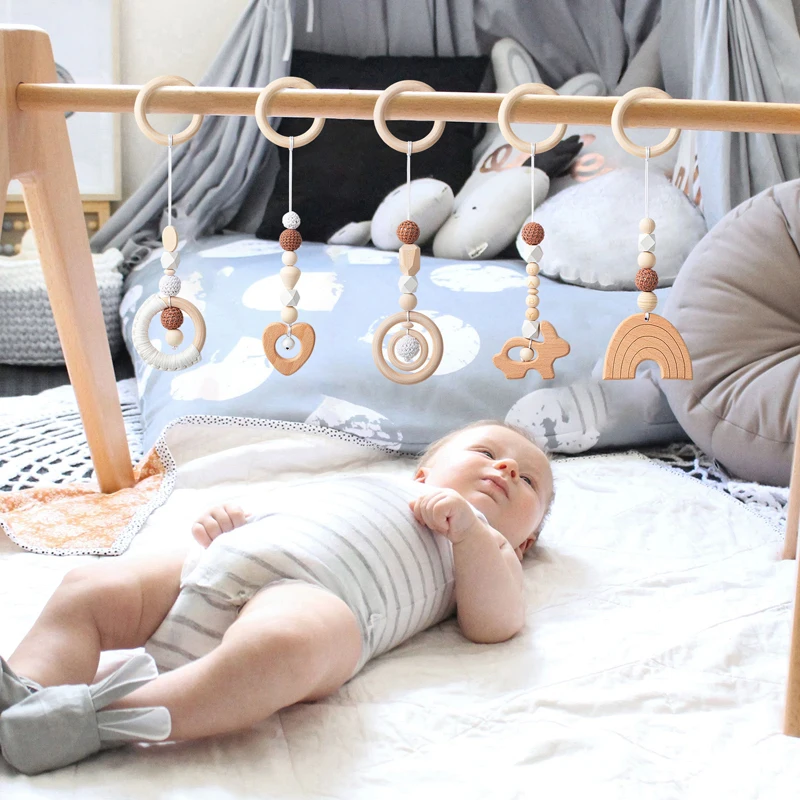 

5Pcs/set Wooden Baby Play Gym Pendant Stroller Hanging Toy Newborn Sensory Activity Birthday Gift Room Pram Decor for Infant