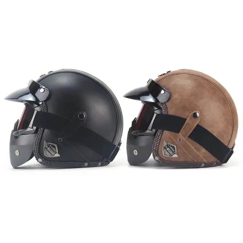 

2020 New Universal PU Leather Helmets 3/4 Motorcycle Bike Helmet Open Face Vintage Motorcycle Helmet With Goggle Mask