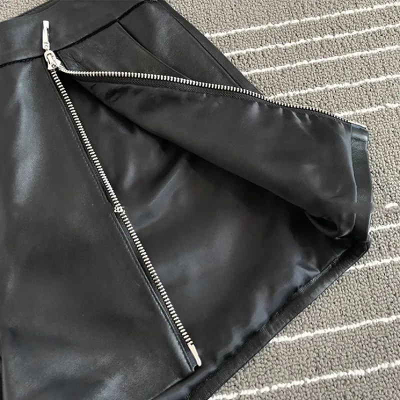 2021 Autumn Winter New Straight Genuine Leather Shorts Women Casual All Match Slim Fit Wide Leg High Waist Sheepskin Mini Shorts