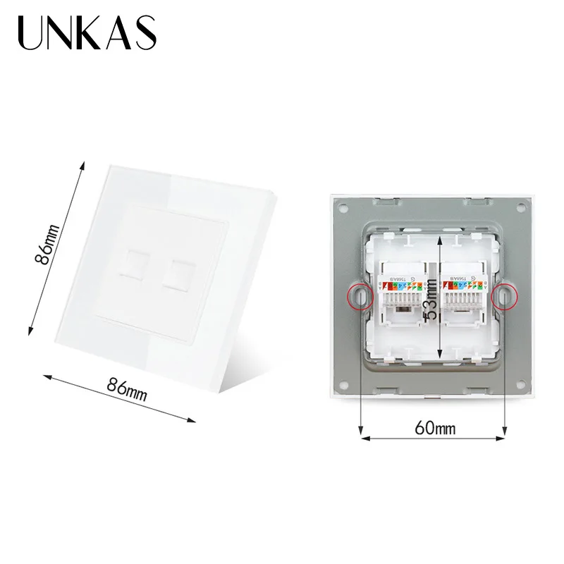 UNKAS White Luxury Crystal Glass Panel Double RJ45 Internet Data Computer Jack CAT5E Connector Outlet Wall Socket | Обустройство дома