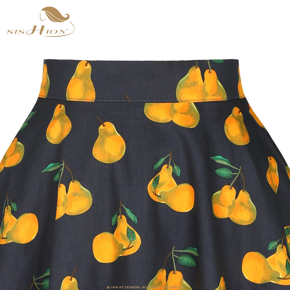 Женская винтажная хлопковая юбка SISHION серо-зеленая с принтом груш и фруктов VD0020