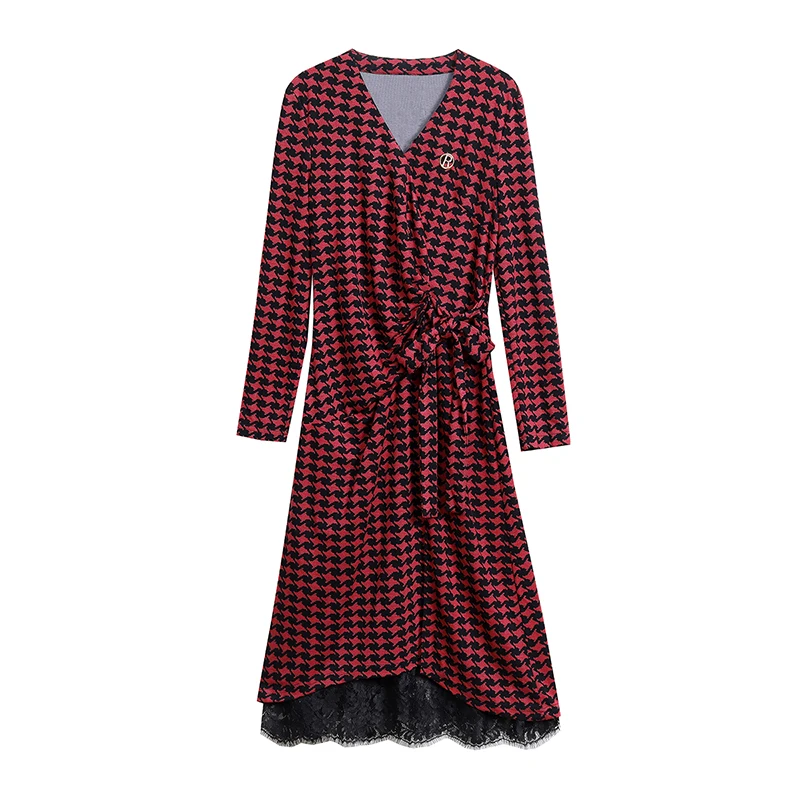 

2020 autumn new style, hot sale of fashionable women plaids long-sleeved lace dresses
