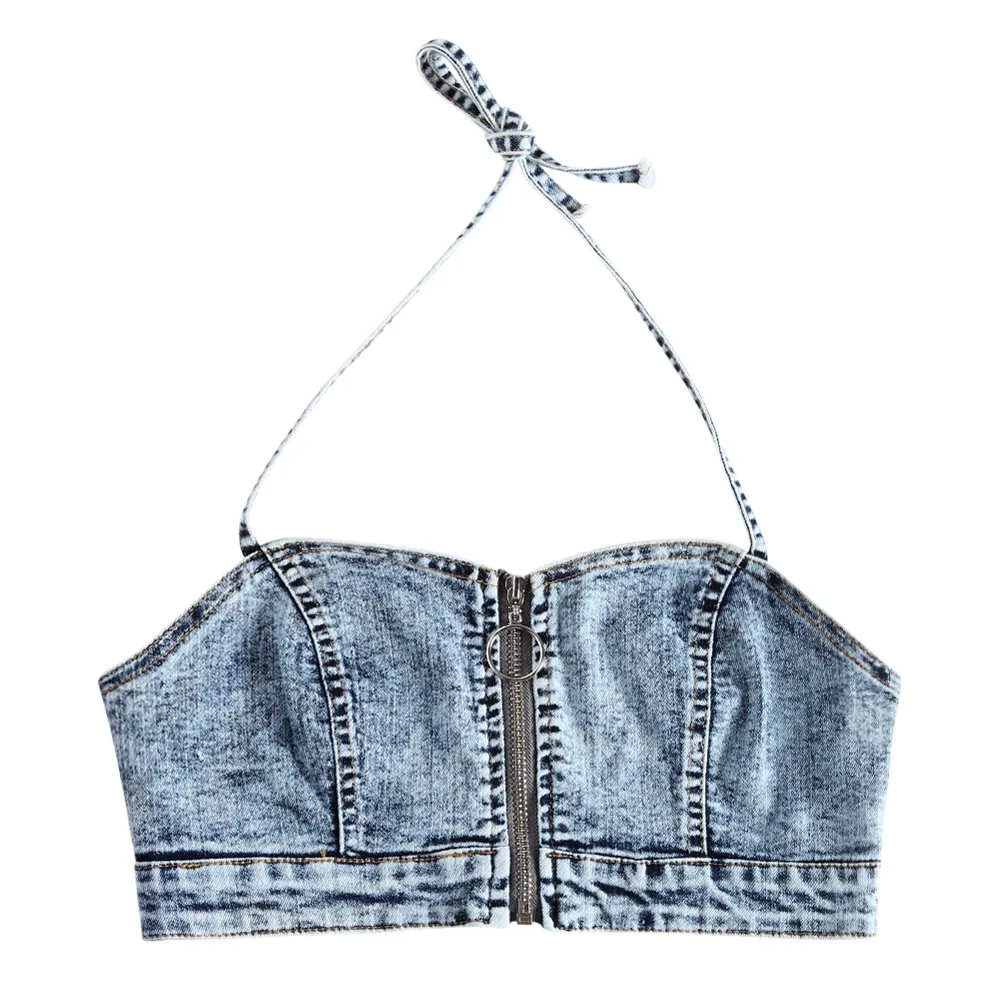 Женский Джинсовый укороченный топ голубой на молнии без рукавов и с открытой