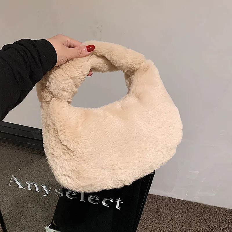 

Simple Design Women Soft Plush Hobos Shoulder Bags Winter Furry Ladies Clutch Purse Handbag Fashion Female Baguette Underarm Bag
