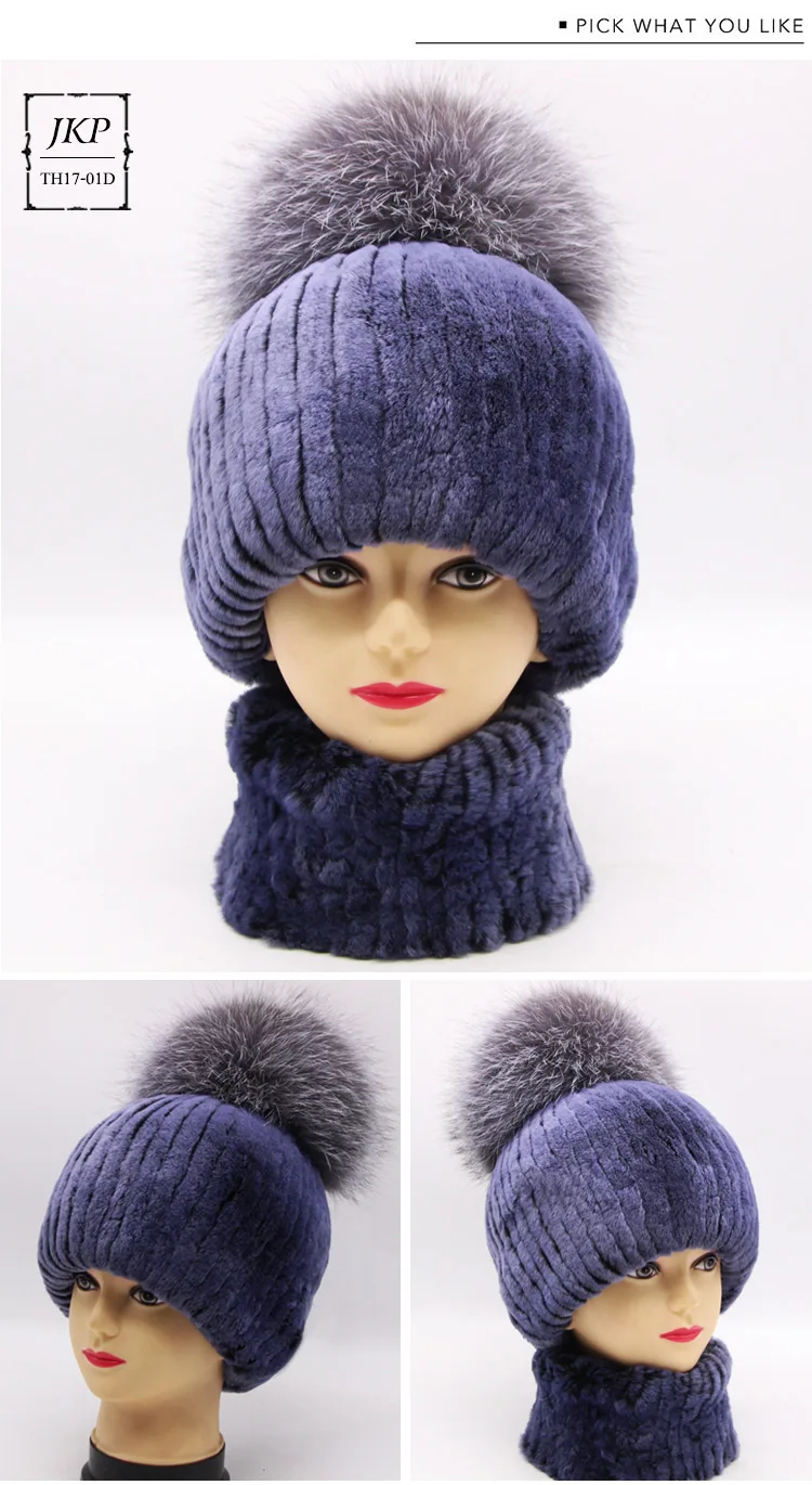 Rex rabbit fur hat female winter fox fur ball thick warm knitted earmuff wool cap