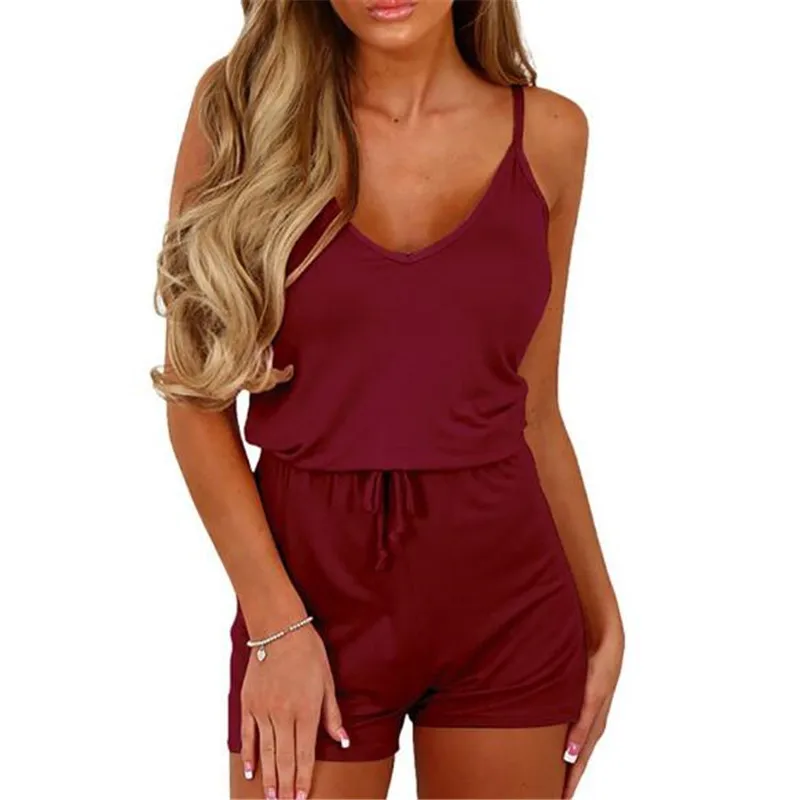 

Casual Playsuit Women Solid Color Sleeveless Elegant Jumpsuit Ladies Summer Romper Womens V-Neck Beach Jumpsuits Overall