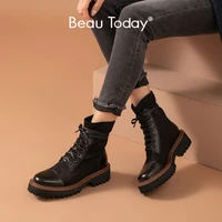 beautoday platform ankle boots women stretch fabric calfskin leather patchwork lace up ladies thick sole shoes handmade 02329