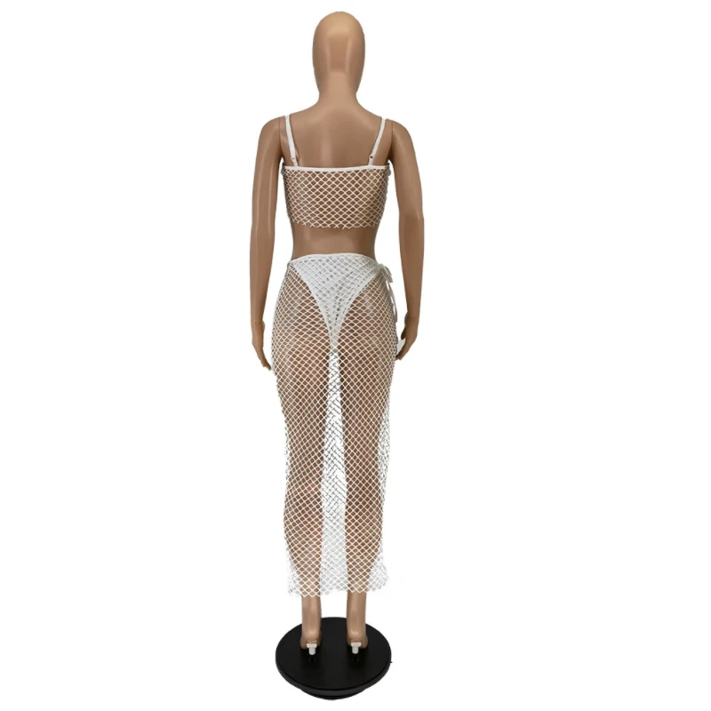 

With Underwear Backless Crop Top Maxi Pencil Skirt Two Piece Bodycon Bandage Dress Sexy Fishnet Crochet Beach Style Mesh Sheer