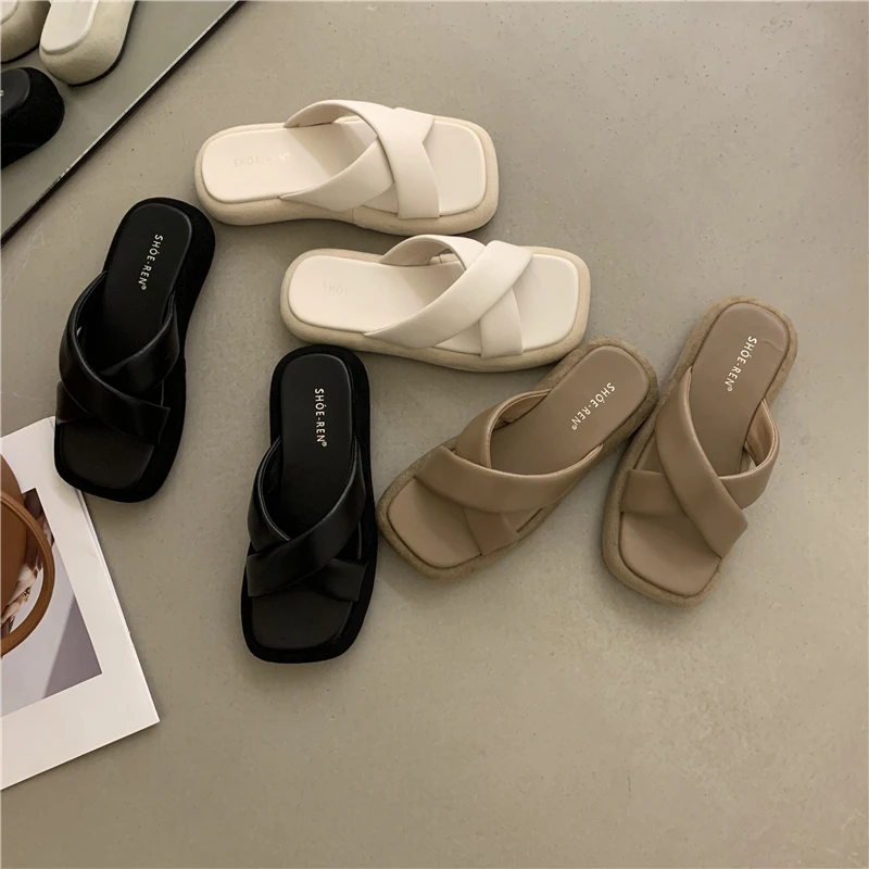 

Med Heel Slippers Solid Colors Cross-tied Platform Chunky Sandals Women 2022 Med Heel Summer Beach Designer Slides Shoes Women