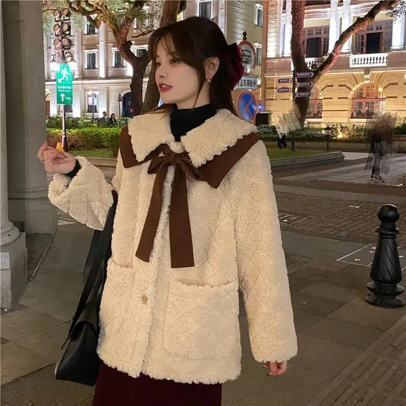

New Cute Sweet Fur Coat Women Autumn Winter Fashion Single Breasted Thick Warm Lamb Wool Jacket Casual Loose Outerwear With Bow