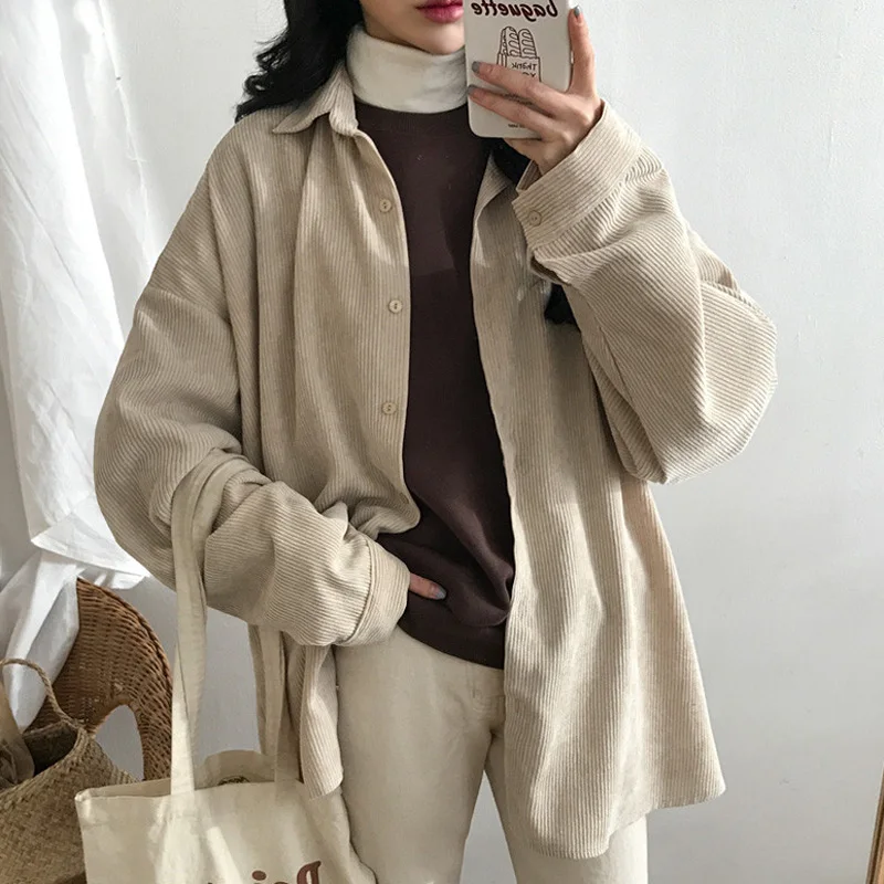 

Vintage Women Corduroy Coats Turn Down Collar Female Cardigans Single Breasted Outwear Loose Jackets Autumn Winter