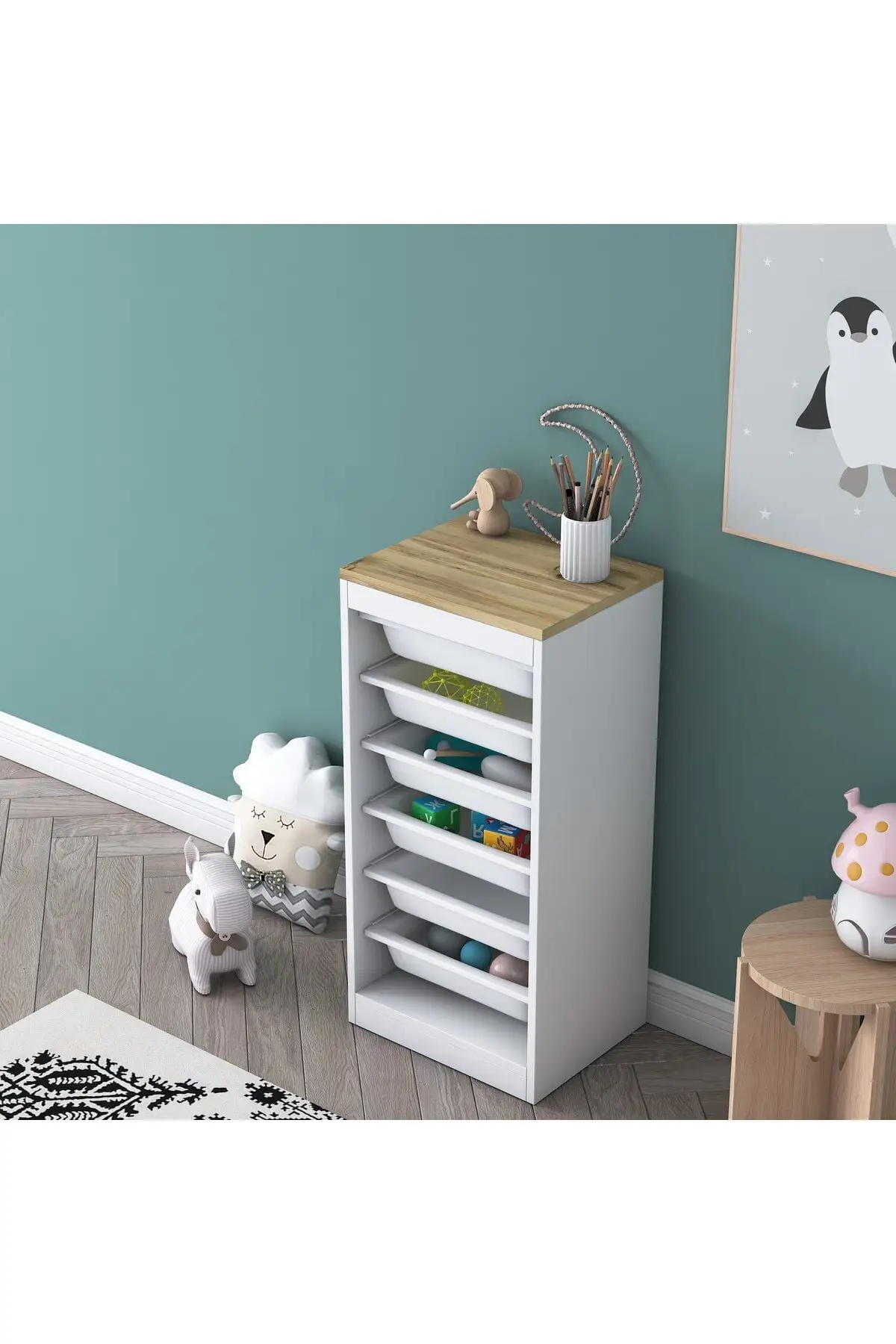 Light Toy Multi-Purpose Toy Storage Cabinet 6 Shelves Drawers Felt Walnut White