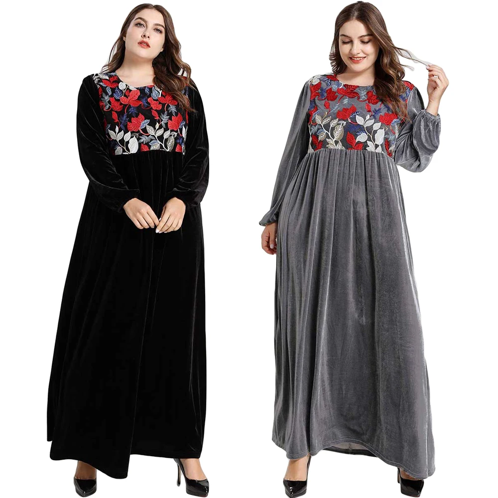 

Женское платье макси с мусульманской вышивкой в Дубае, бархатный теплый кафтан, исламский джильбаб, свободное винтажное этническое платье ...