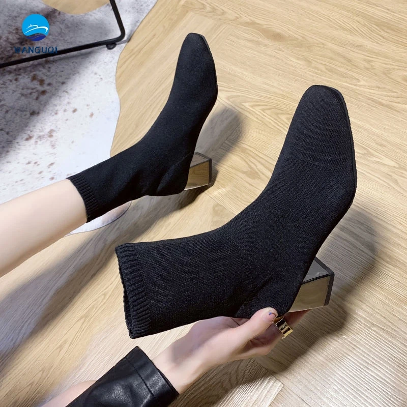 

2021 hot-selling socks boots elastic women's short boots spring and autumn thick heel square toe boots women 2021 autumn