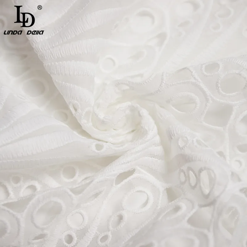 

LD LINDA DELLA Summer Fashion Designer Mini Dress Women Short sleeve Hollow Out Embroidery White Belt Elegant Vacation Dress