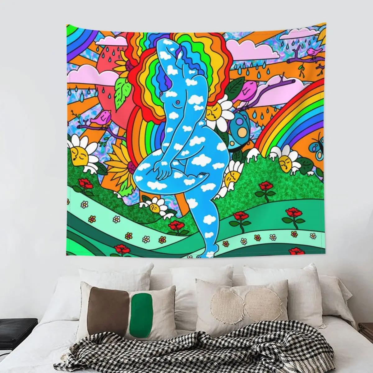 Romance Rainbow Rose Sunflower Tapestry Hippie Wall Hanging Aesthetic Girl Lady Room Decor Curtain Witchcraft | Дом и сад