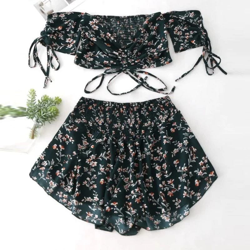 Женский пляжный комплект с открытыми плечами цветочным принтом и коротким