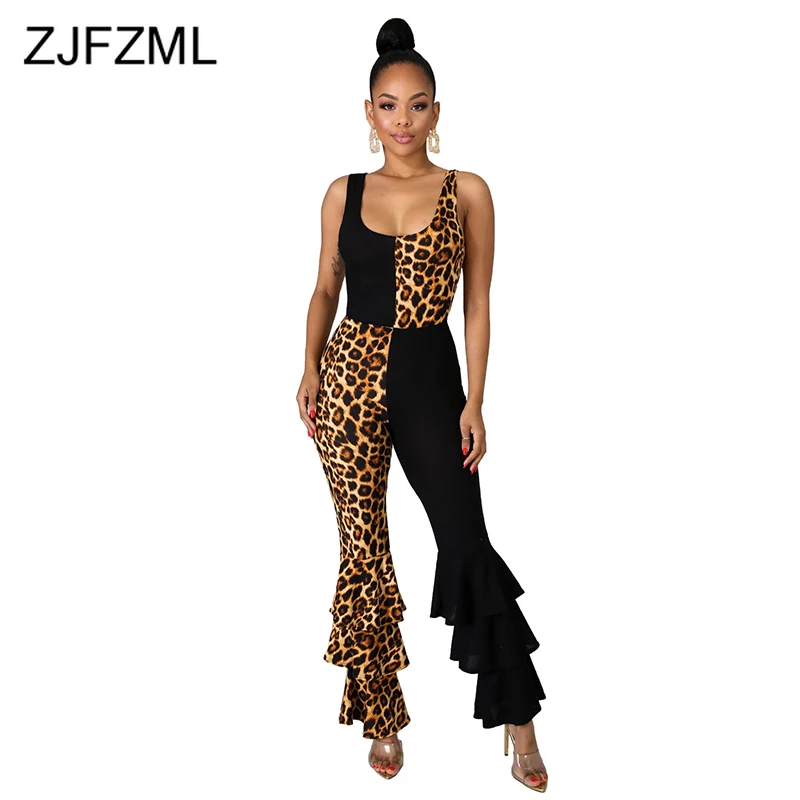 Леопардовый лоскутный Повседневный Облегающий комбинезон для женщин с круглым