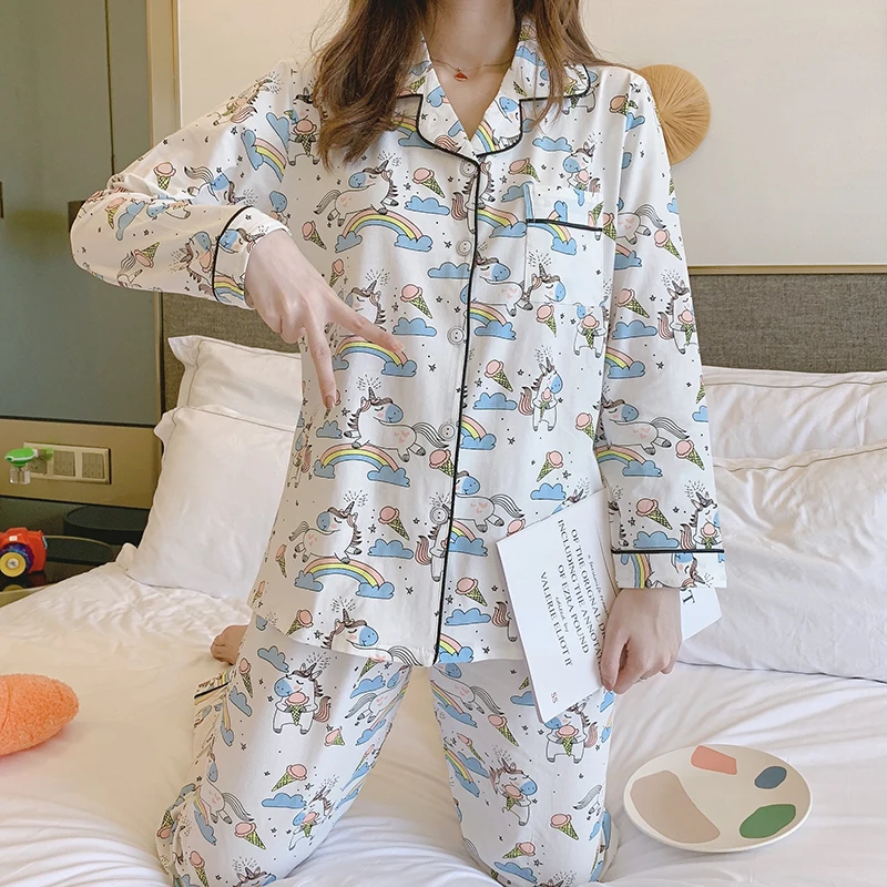 Женский пижамный комплект с единорогом Хлопковая пижама длинными рукавами и