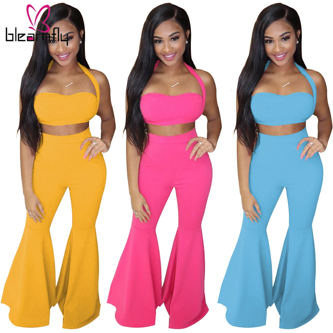 Новый женский короткий укороченный топ с бретельками на шее широкие брюки костюм