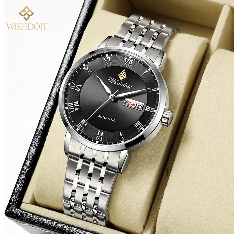 WISHDOIT Brand Luxury Watch Men's Automatic Mechanical Watches Calendar Week Luminous Waterproof Business Sport Wristwatch Men