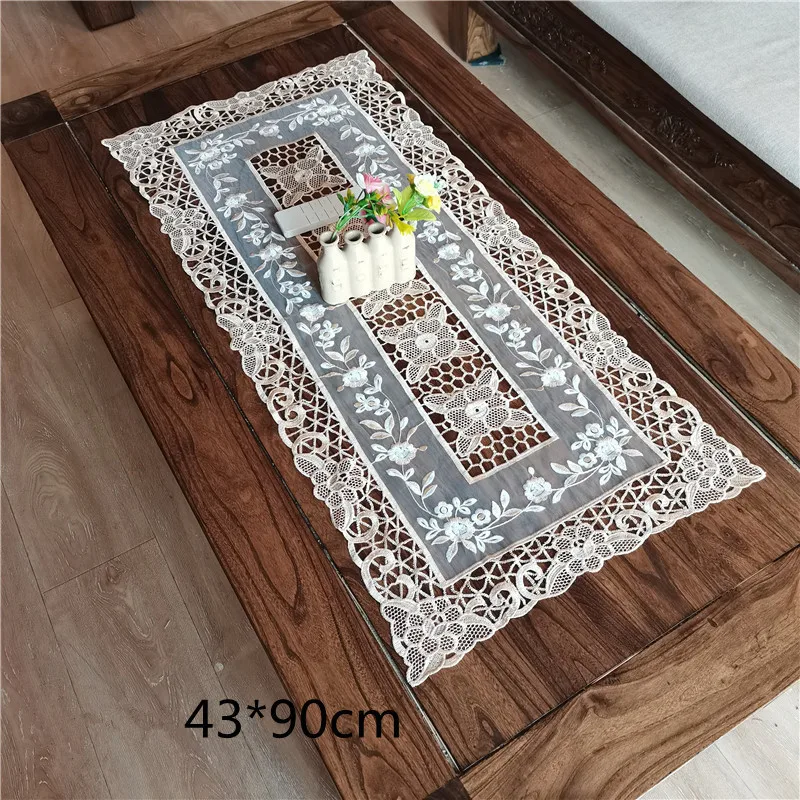 

Rectangular Embroidery Hollow Retro Tablecloth Decoration Placemat Coffee Tea Table Cloth Cup Insulation Bedroom Study Mantel