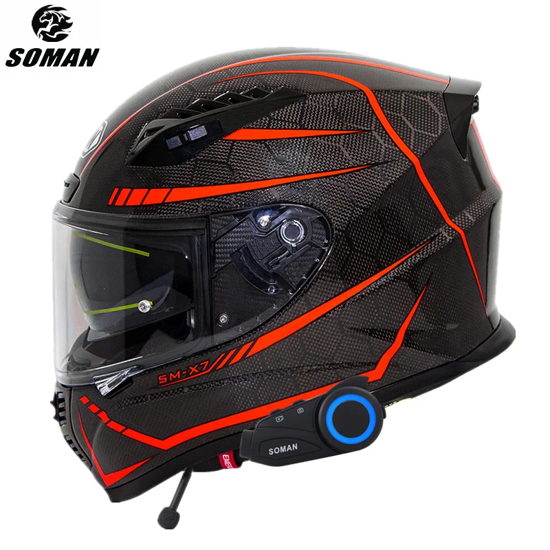 

Мотоциклетный шлем SOMAN из углеродного волокна, защитный шлем на все лицо, с сертификатом ECE, из углеродного волокна, Casco Moto, черный, красный, ...