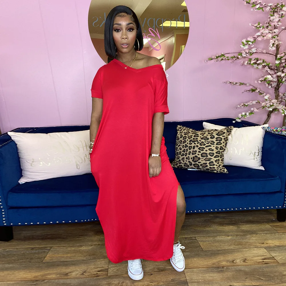 

Summer Women Plus Size Loose Long Dress Fashion Casual v-neck Pocket Short-sleeved Long Street Split Dress Women