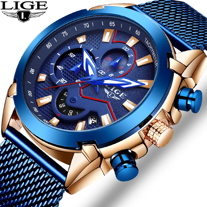 Relogio Masculino LIGE мужские Роскошные Кварцевые часы для мужчин синий циферблат