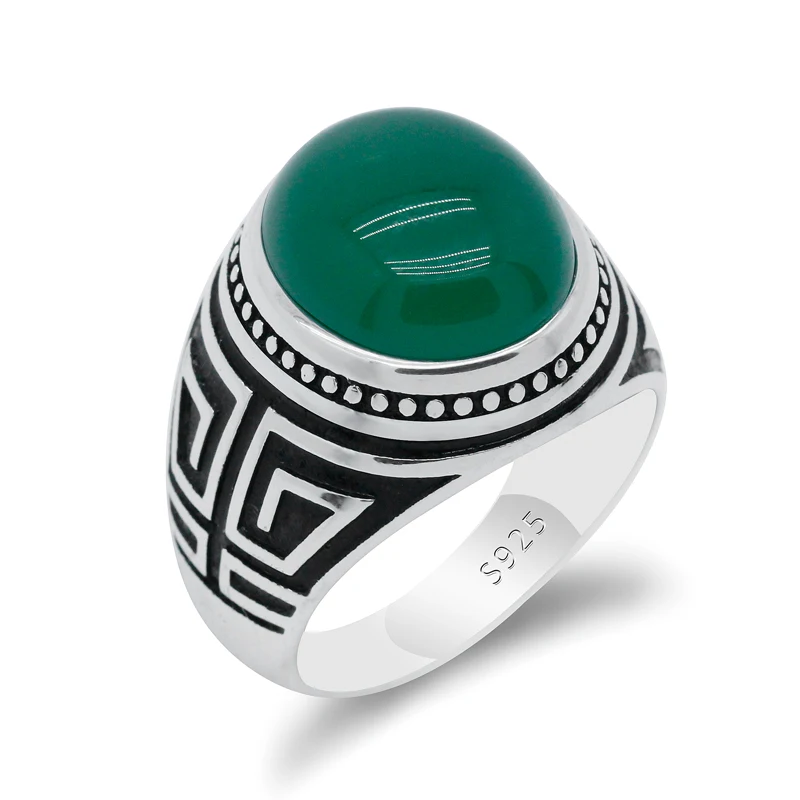 Кольцо мужское из серебра 925 пробы с натуральным зелёным агатом|Кольца| |