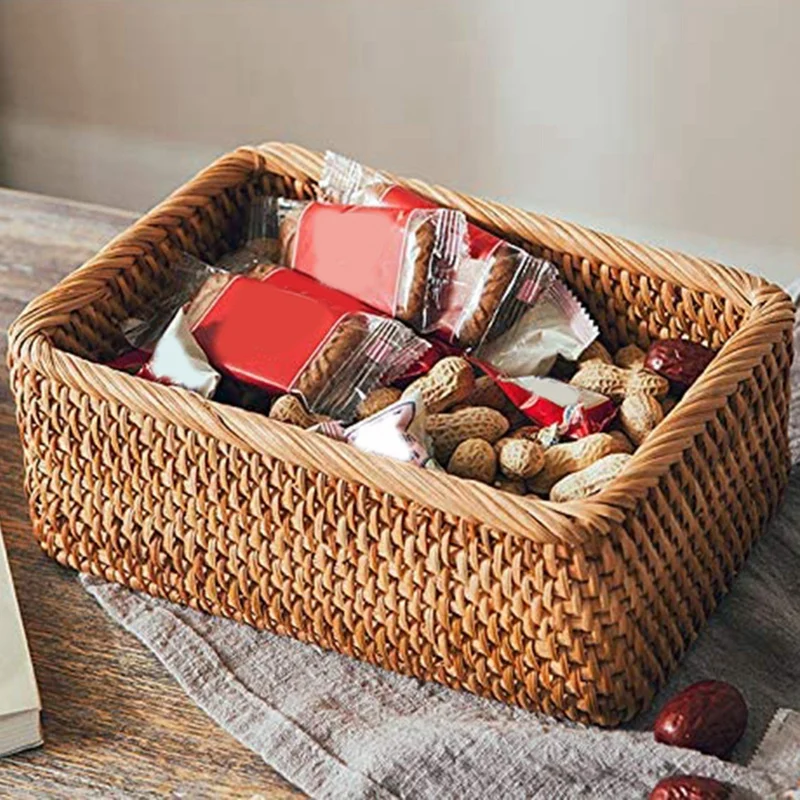

Natural Rattan Storage Baskets, Rectangular Woven Fruit Baskets, Wicker Decoration and Organizer (Set of 3)